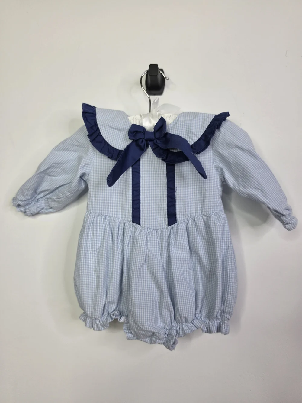 Classic Blue Gingham Baby One-Piece with Navy Bow, 6M